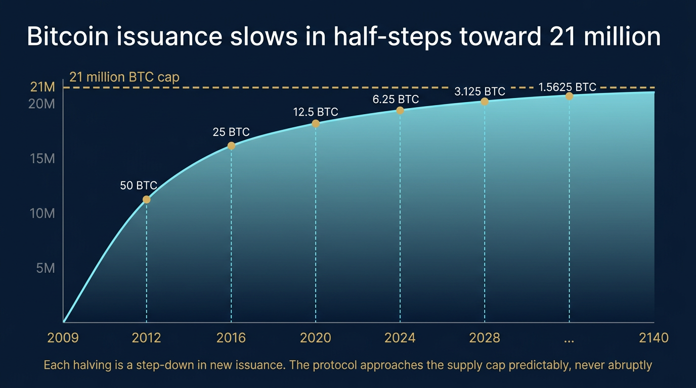 Bitcoin Issuance Slows in Half-Steps Toward 21 Million Cumulative Bitcoin supply curve from 2009 toward 2140 with five gold halving markers showing the issuance rate stepping down from 50 BTC to 1.5625 BTC per block as the curve flattens toward a dashed gold 21 million BTC supply cap line