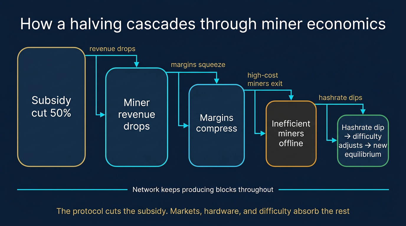 How a Halving Cascades Through Miner Economics Horizontal cascade pipeline diagram with progressively smaller tiles showing how a Bitcoin halving cascades from the 50 percent subsidy cut through revenue drop, margin compression, inefficient miners going offline, hashrate dip, and difficulty adjustment to a new equilibrium