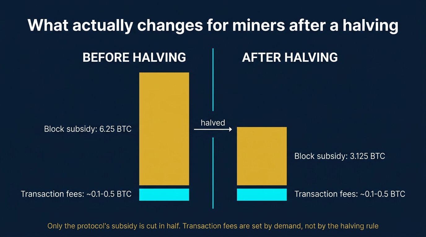 What Actually Changes for Miners After a Halving: Before-vs-After Reward Comparison Side-by-side stacked-bar comparison of Bitcoin miner reward composition before and after a halving showing the gold block subsidy bar cut in half from 6.25 BTC to 3.125 BTC while the cyan transaction fees segment stays the same height