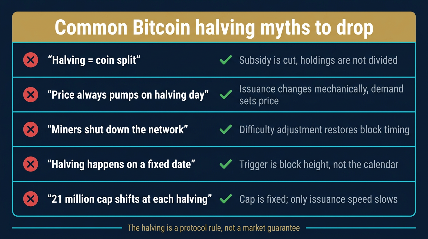 Common Bitcoin Halving Myths to Drop: Five-Item Reality Check Vertical myth-buster warning card listing five common Bitcoin halving misconceptions paired with their reality corrections covering coin split confusion, automatic price pumps, network shutdown fears, fixed calendar dates, and supply cap shifts
