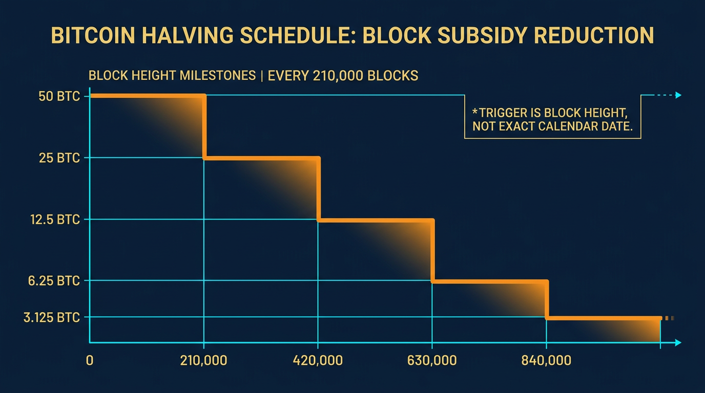 Bitcoin Halving Block Height Schedule Bitcoin halving schedule diagram showing block-height milestones every 210,000 blocks with subsidy staircase from 50 BTC down to 3.125 BTC