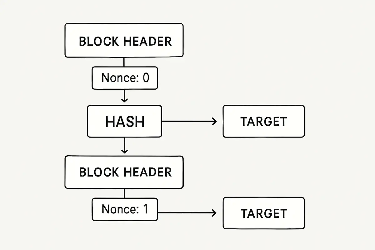 diagram showing how miners cycle through nonce values to find a valid block hash