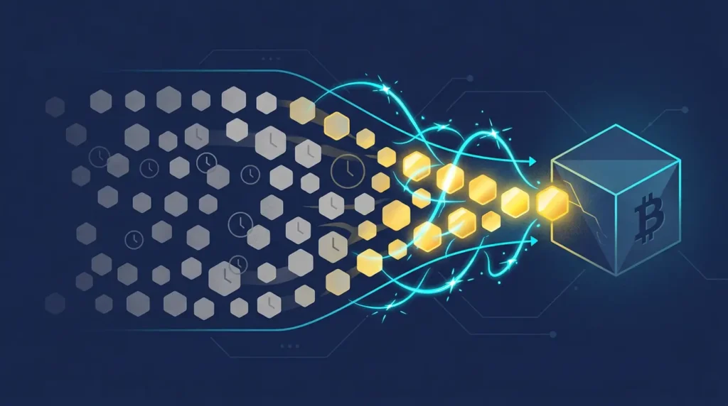 illustration of Bitcoin mempool congestion with pending transactions and rising fees on a navy fintech background