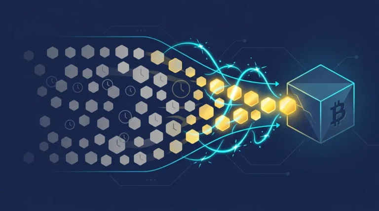 illustration of Bitcoin mempool congestion with pending transactions and rising fees on a navy fintech background