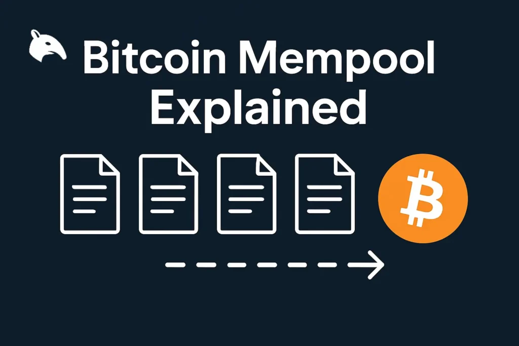 Bitcoin Mempool Explained: How the Transaction Queue Works 1 illustration of the Bitcoin mempool as a transaction queue waiting for block confirmation on a navy fintech background