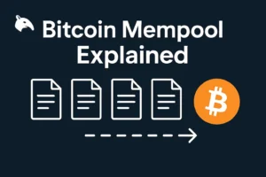 illustration of the Bitcoin mempool as a transaction queue waiting for block confirmation on a navy fintech background