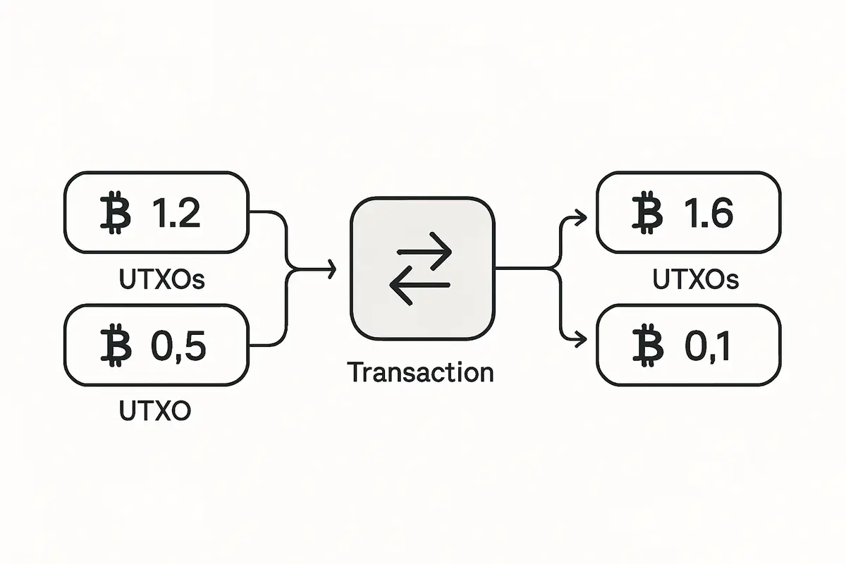 diagram showing Bitcoin UTXO transaction consuming inputs and creating new outputs