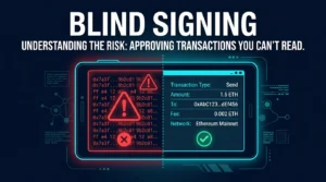 comparison graphic showing blind signing with unreadable wallet data versus verified signing with clear transaction details
