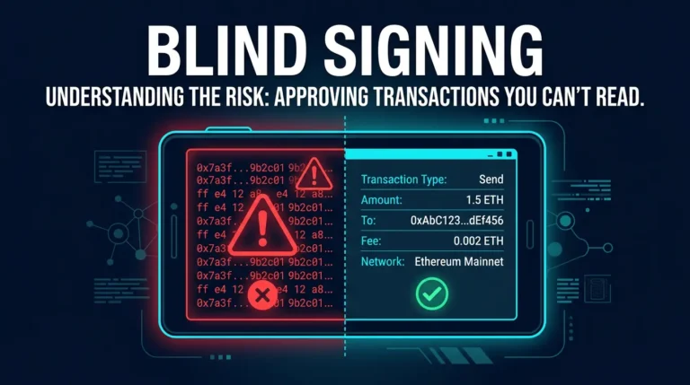 comparison graphic showing blind signing with unreadable wallet data versus verified signing with clear transaction details