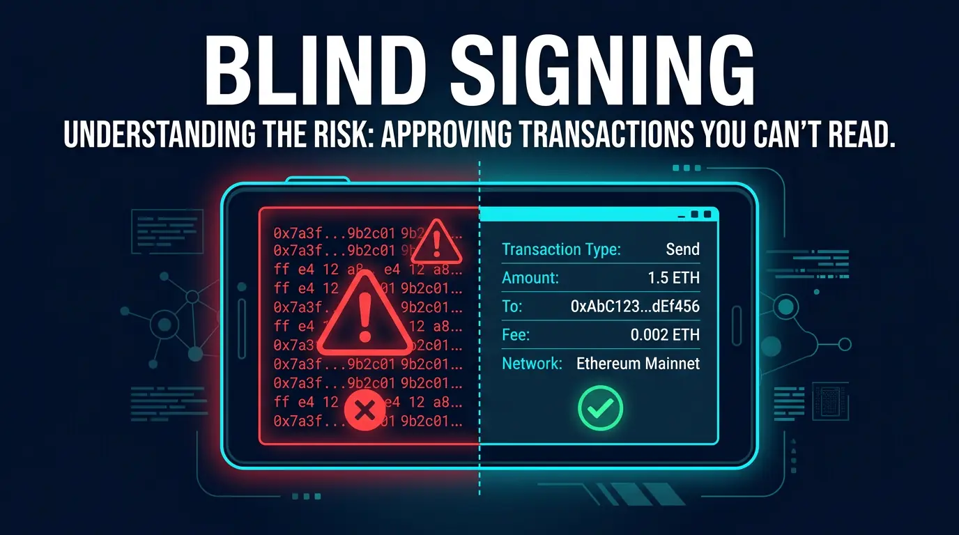comparison graphic showing blind signing with unreadable wallet data versus verified signing with clear transaction details