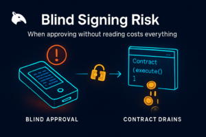 Editorial Snout0x hero showing a hardware wallet approving an unreadable hex transaction with a broken padlock arrow leading to a smart contract draining gold tokens into a void.