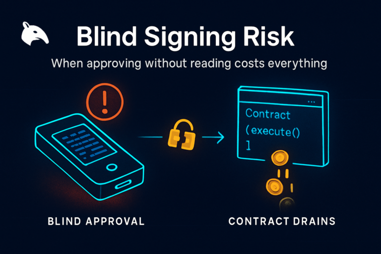 Editorial Snout0x hero showing a hardware wallet approving an unreadable hex transaction with a broken padlock arrow leading to a smart contract draining gold tokens into a void.