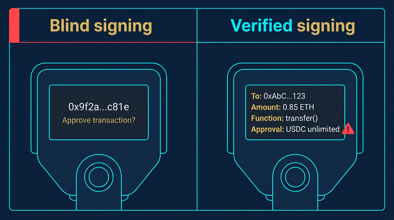 side by side comparison of blind signing where the wallet screen shows only an opaque hash or vague warning versus verified signing where the wallet screen shows the destination address asset amount contract function and any token approval being granted in human readable form