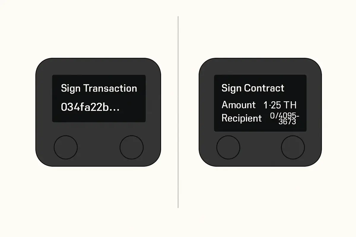 Blind signing vs verified transaction signing on hardware wallets comparison of blind signing showing hex data vs verified signing showing human-readable transaction on hardware wallet