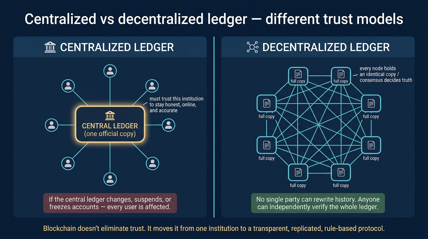 Side-by-side comparison of two ledger topology models, with the left panel labeled CENTRALIZED LEDGER showing one large central ledger node surrounded by eight user icons that each connect only to the central node along with a note that users must trust this institution to stay honest, online, and accurate and a red footer warning that if the central ledger changes or freezes accounts every user is affected, and the right panel labeled DECENTRALIZED LEDGER showing nine peer ledger nodes arranged in a mesh where each node holds a full copy of the ledger and is connected to several other nodes with no central authority along with a green footer noting that no single party can rewrite history and anyone can independently verify the whole ledger