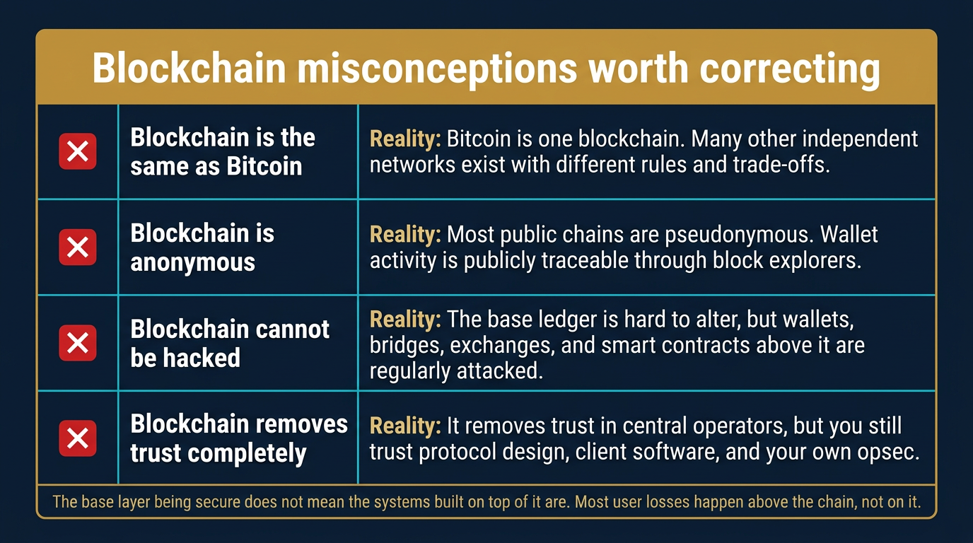 Vertical four-row myth-versus-reality correction card titled blockchain misconceptions worth correcting, listing four common beginner misconceptions with each row showing a red X icon on the left, the misconception in bold white in the middle column, and the reality correction in lighter text in the right column: blockchain is the same as Bitcoin corrected by noting Bitcoin is one blockchain among many networks with different rules, blockchain is anonymous corrected by noting most public chains are pseudonymous and traceable through block explorers, blockchain cannot be hacked corrected by noting wallets bridges exchanges and smart contracts above the base ledger are regularly attacked, and blockchain removes trust completely corrected by noting users still trust protocol design client software and their own operational security
