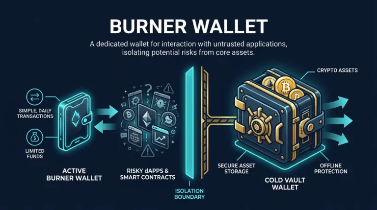editorial diagram showing a burner wallet separated from a main crypto wallet for risky Web3 interactions