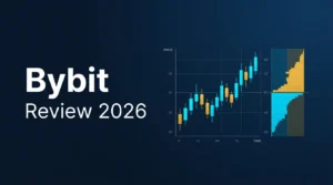 Bybit Review 2026 featuring trading charts and order book on dark navy background