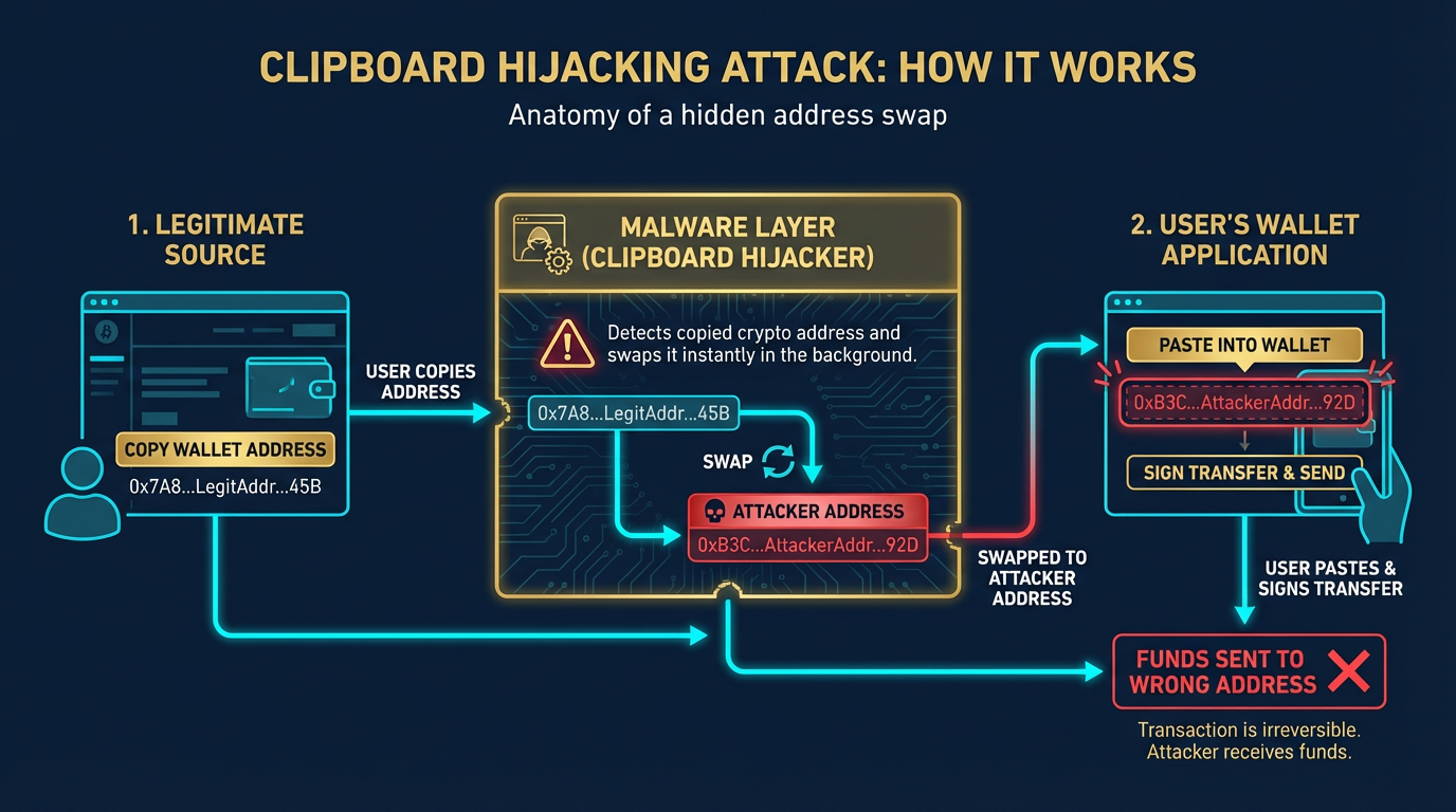 Clipboard hijacking address replacement attack diagram showing clipboard hijacking malware silently replacing a copied wallet address with an attacker controlled address before the user pastes and signs the transfer