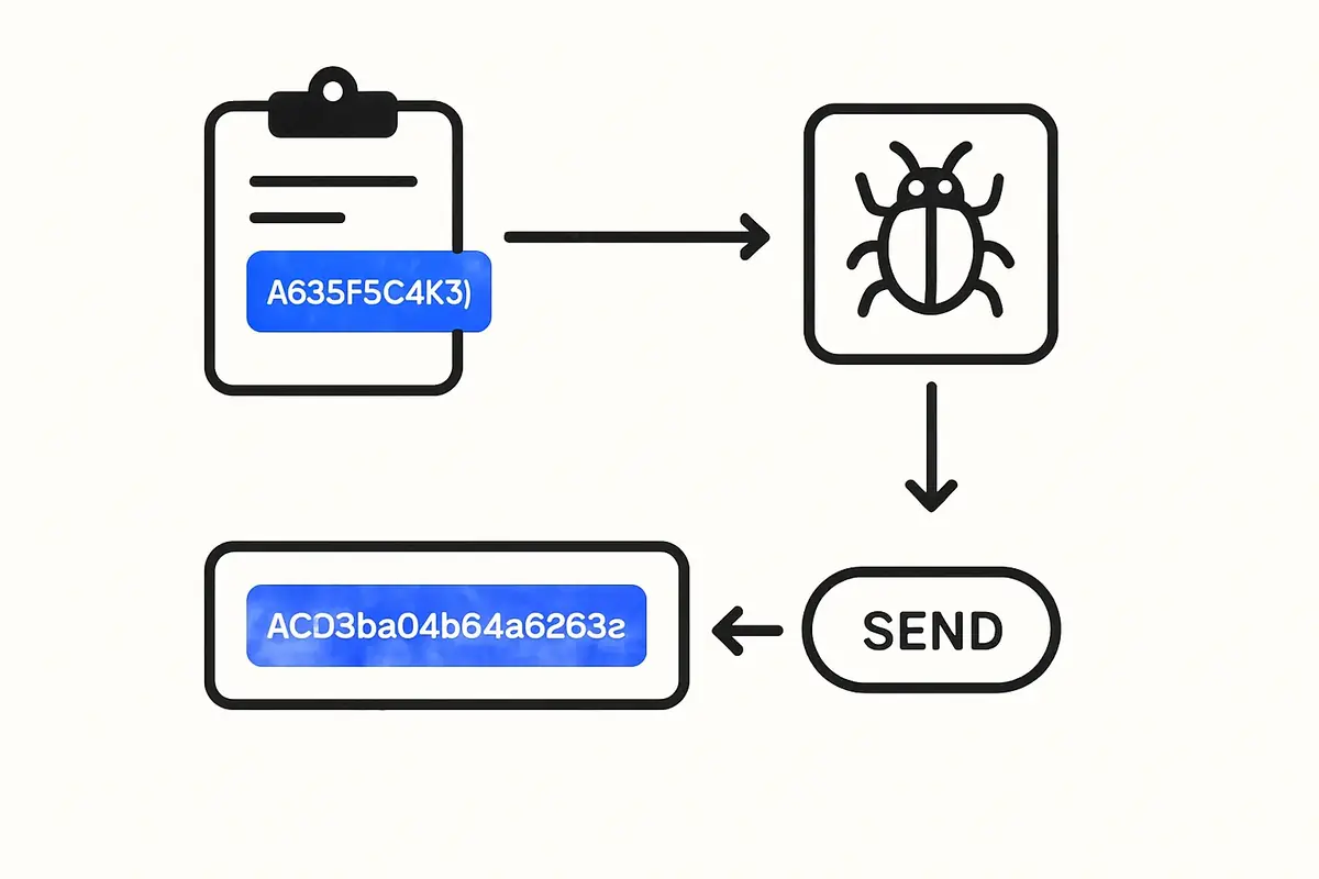 step-by-step diagram of clipboard hijacking attack flow replacing crypto address during copy-paste
