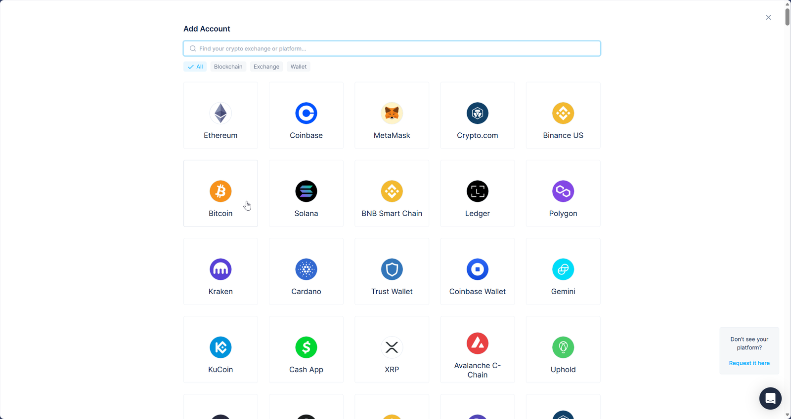 CoinLedger exchange and wallet import interface CoinLedger account import screen showing supported exchanges and wallets including Ethereum, Coinbase, MetaMask, and Ledger