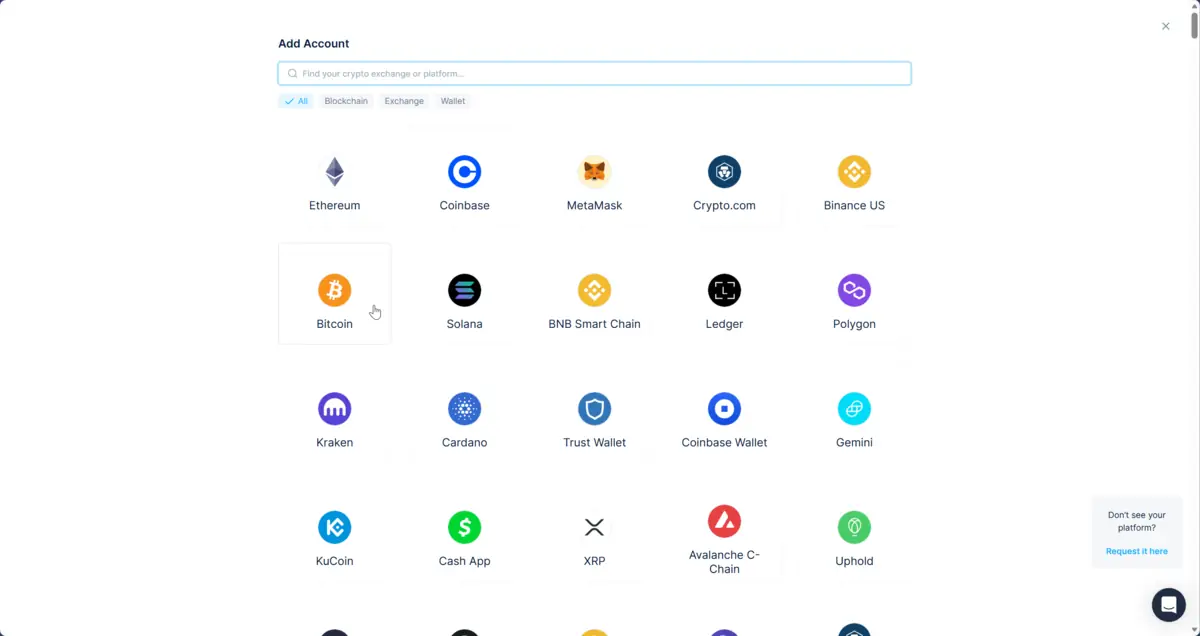 CoinLedger import interface showing wallet and exchange connection options for automated crypto tax tracking