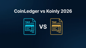 CoinLedger vs Koinly 2026 comparison with VS divider on dark navy background