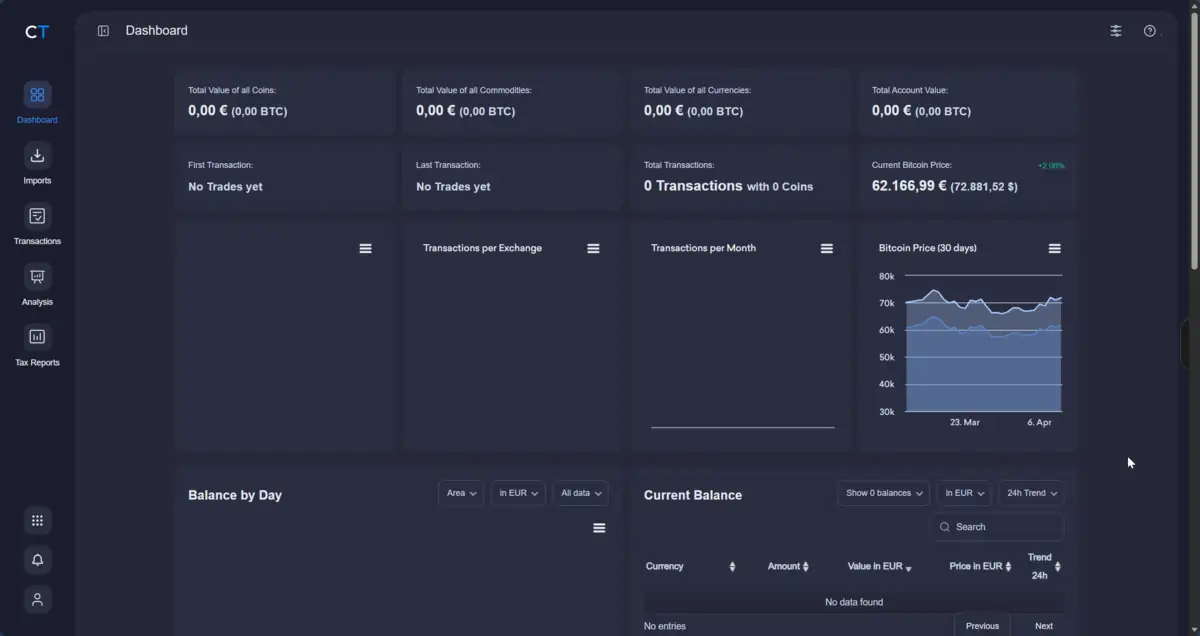 CoinTracking portfolio dashboard showing detailed holdings realized gains and tax report options