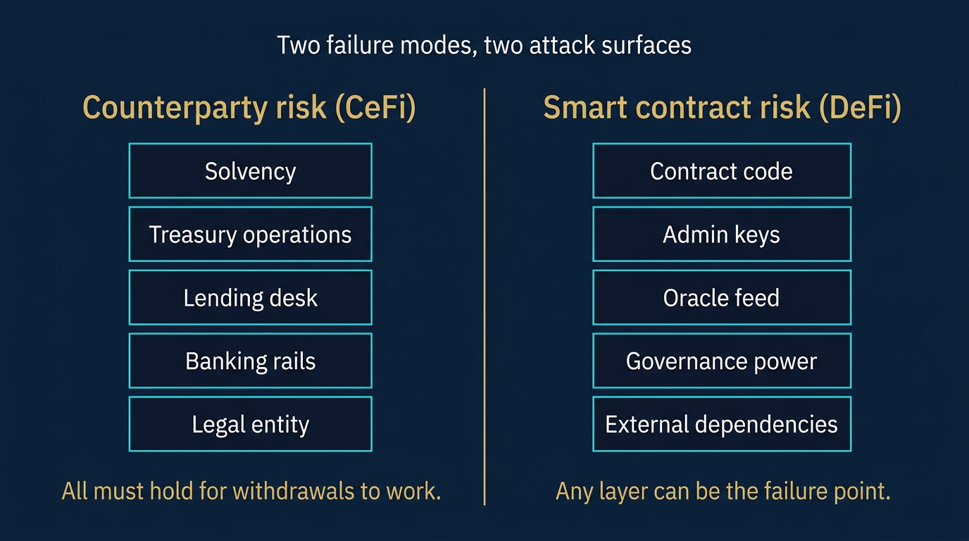 Two-column diagram comparing the counterparty risk stack of a CeFi platform with the smart contract risk surface of a DeFi protocol