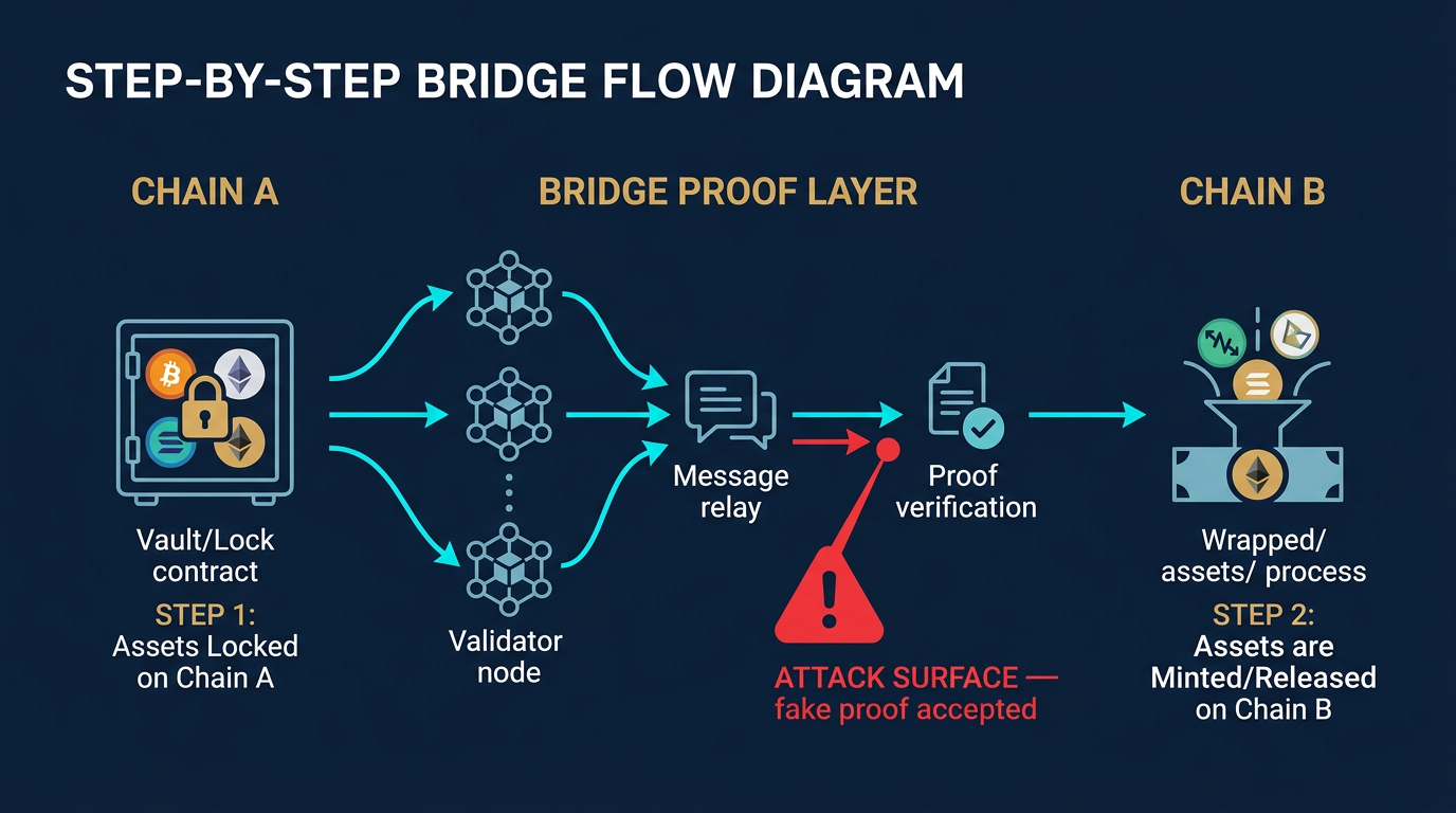 diagram showing a cross-chain bridge attack flow where assets are locked on one chain but a compromised proof layer causes unbacked minting or release on the destination chain
