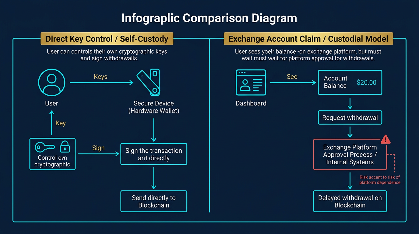 Crypto custody control vs account claim diagram showing crypto custody difference between direct key control and an exchange account claim