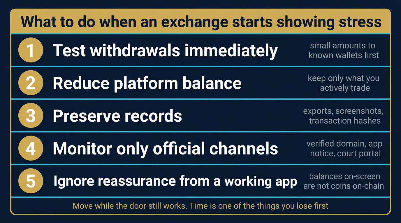 What to Do When an Exchange Starts Showing Stress: Five-Step Action Card Vertical numbered action card listing five steps to take when a crypto exchange begins showing stress including testing withdrawals immediately with small amounts, reducing platform balance to active trading inventory only, preserving records through exports and screenshots, monitoring only official channels, and ignoring reassurance from a working app interface