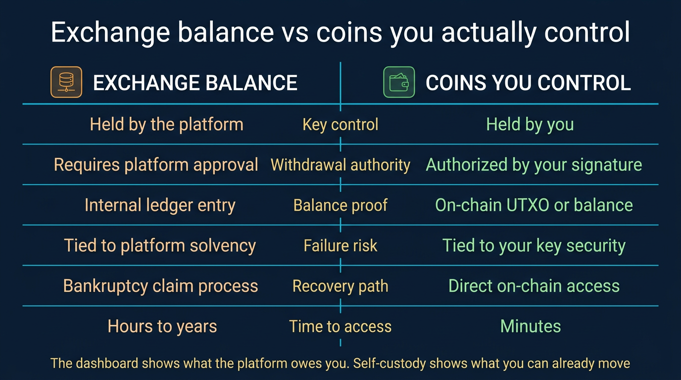 Exchange Balance vs Coins You Actually Control: Six-Row Comparison Table Two-column comparison table contrasting an exchange balance against true self-custody across six rows covering key control, withdrawal authority, balance proof, failure risk, recovery path, and time to access, with the exchange-side answers in amber and the self-custody answers in green