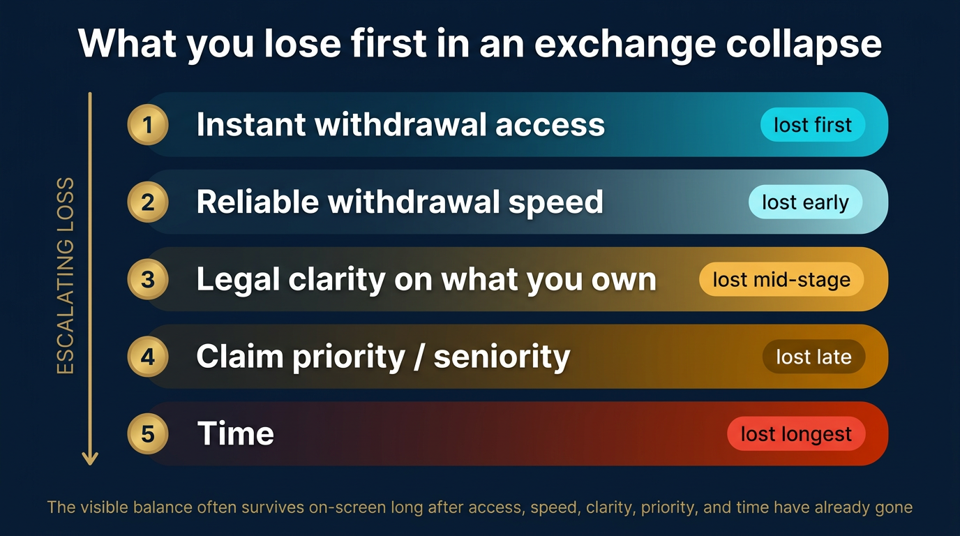What You Lose First in a Crypto Exchange Collapse: Loss-Priority Ladder Vertical descending five-rung loss-priority ladder diagram showing what users lose during a crypto exchange collapse, ordered from instant withdrawal access lost first through reliable withdrawal speed, legal clarity on holdings, claim priority, and time lost longest, with severity-coded color pills escalating from cyan to red