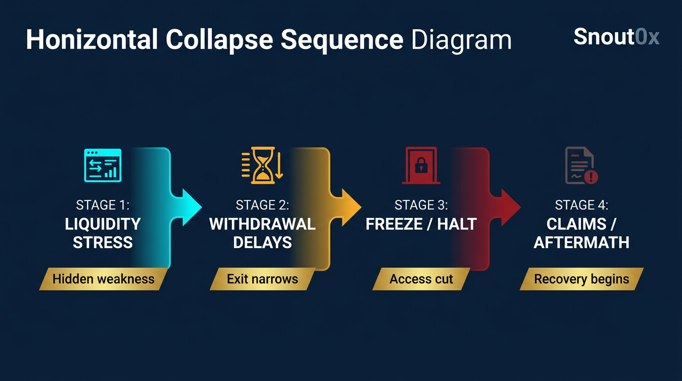 Crypto exchange collapse sequence diagram showing a crypto exchange collapse sequence from liquidity stress and delayed withdrawals to freeze, claims process, and long recovery timeline