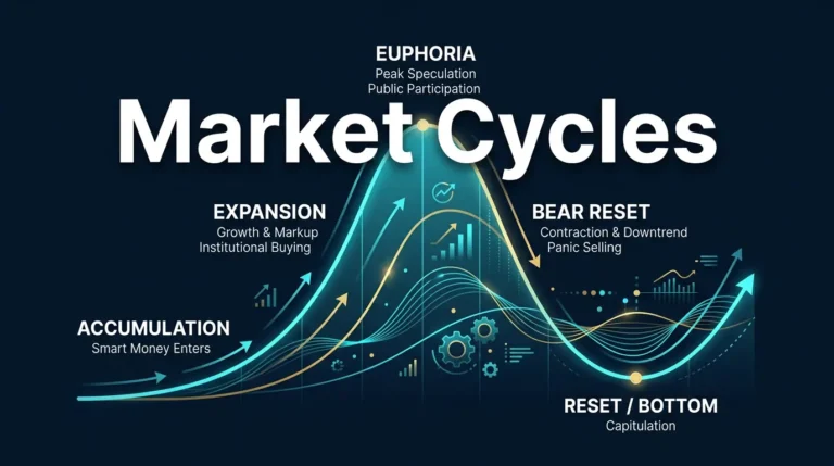 editorial diagram showing a crypto market cycle with bull bear and psychology phases
