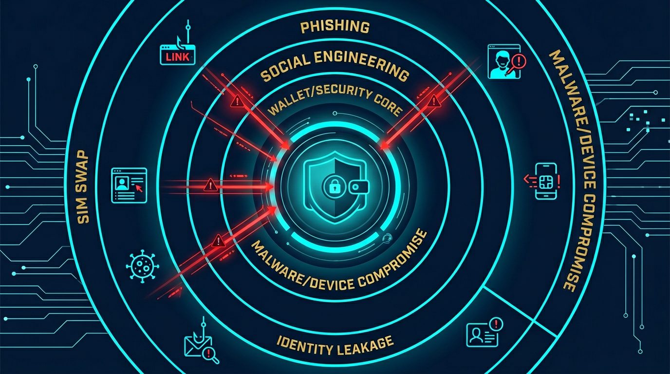 diagram showing crypto operational security attack paths including email recovery, phone number takeover, browser compromise, public oversharing, and wallet signing behavior around a central wallet