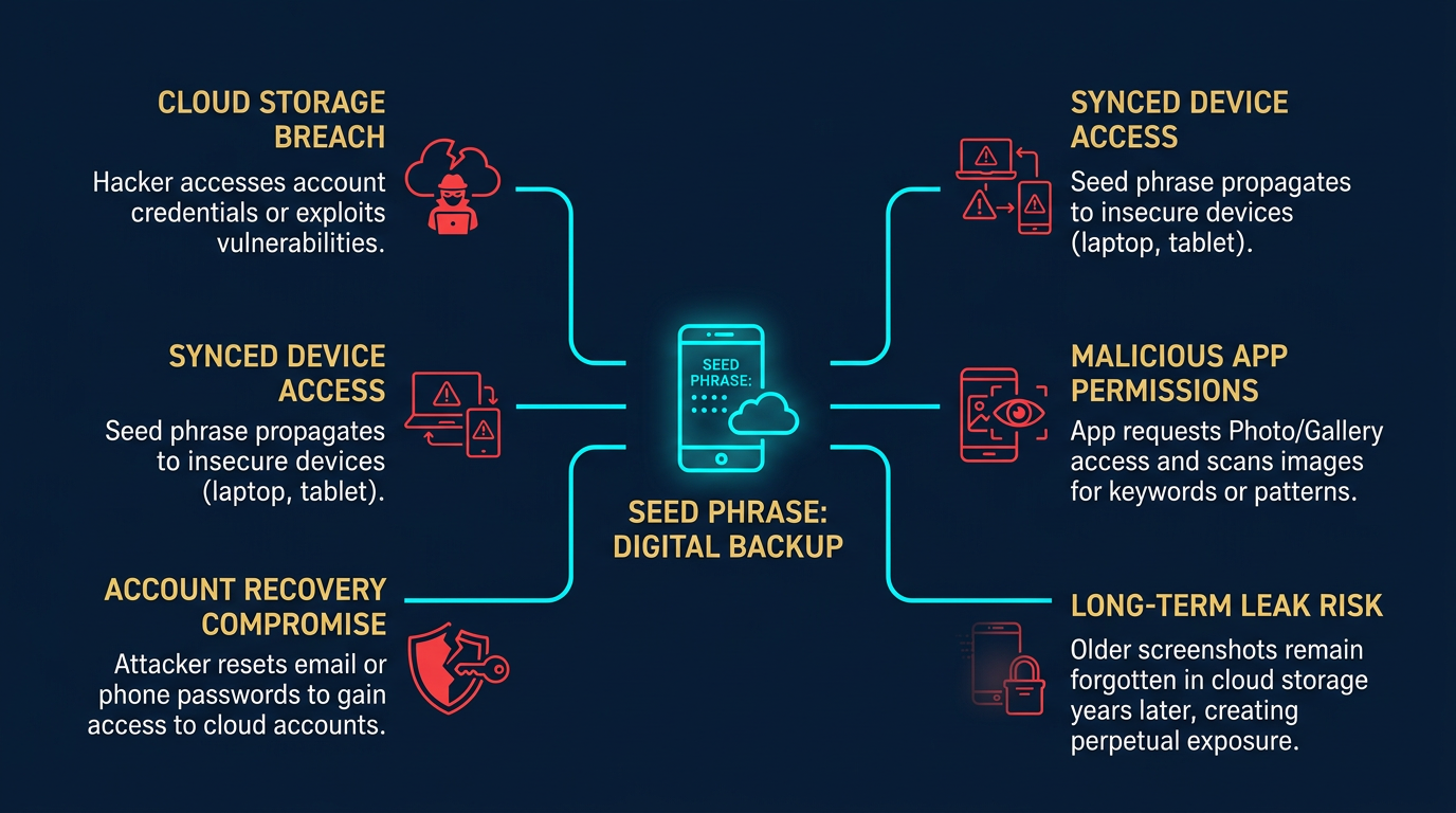 diagram showing how a crypto seed phrase screenshot spreads risk through phone storage, cloud photo sync, device search, and account takeover exposure