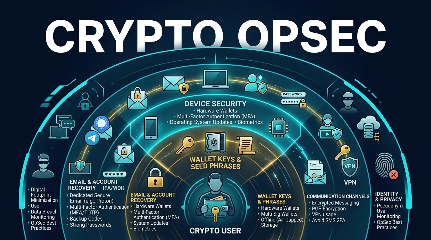 editorial diagram showing crypto operational security layers around wallets devices accounts and behavior