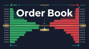 editorial diagram showing a crypto order book with bid levels ask levels and a center market price