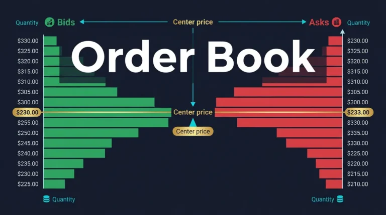 What Is a Crypto Order Book? Bids and Asks Explained 2 editorial diagram showing a crypto order book with bid levels ask levels and a center market price