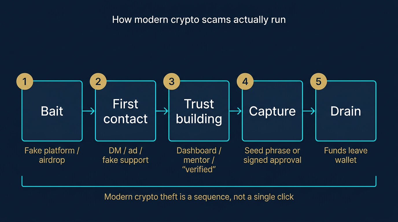 Five-stage attack chain diagram showing how modern crypto scams progress from bait through first contact, trust building, capture, and final drain