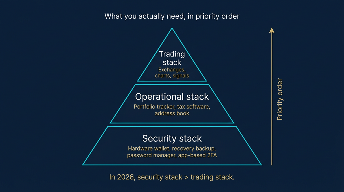 Three-tier pyramid diagram showing the security stack as the base layer the operational stack in the middle and the trading stack on top with an arrow indicating priority order from base upward