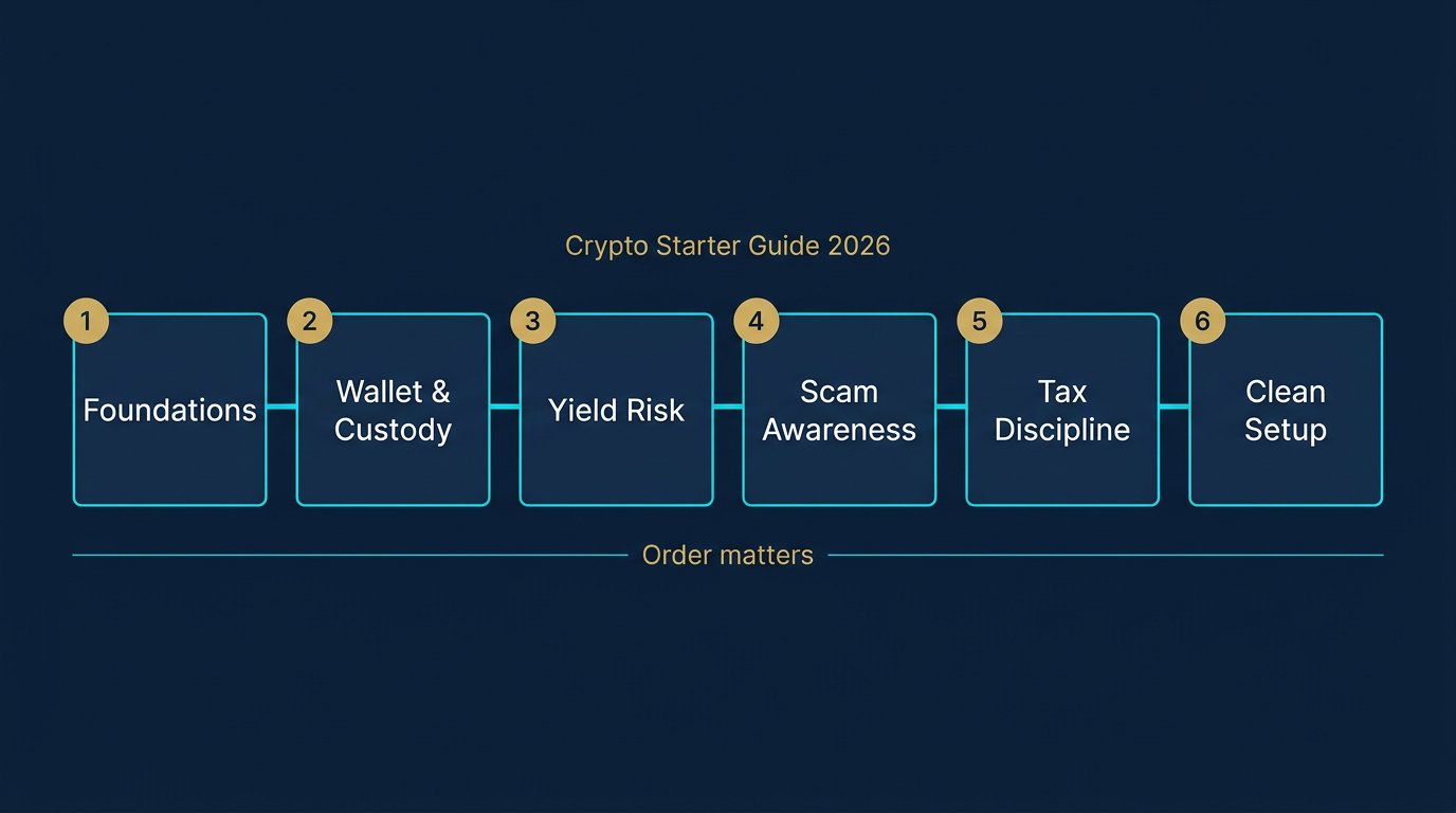 Six-stage roadmap for the crypto starter guide 2026 showing the foundations, wallet and custody, yield risk, scam awareness, tax discipline, and clean setup learning path