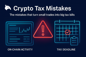 Editorial Snout0x hero showing a portfolio dashboard panel on the left and a tax calendar panel on the right with a red warning triangle hovering between them.