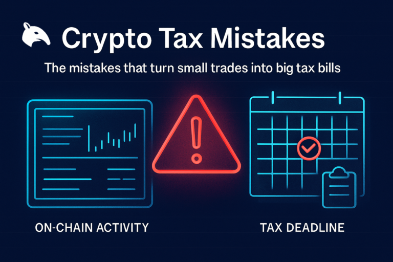 Editorial Snout0x hero showing a portfolio dashboard panel on the left and a tax calendar panel on the right with a red warning triangle hovering between them.
