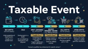 editorial diagram showing common crypto actions and which ones commonly trigger taxable reporting
