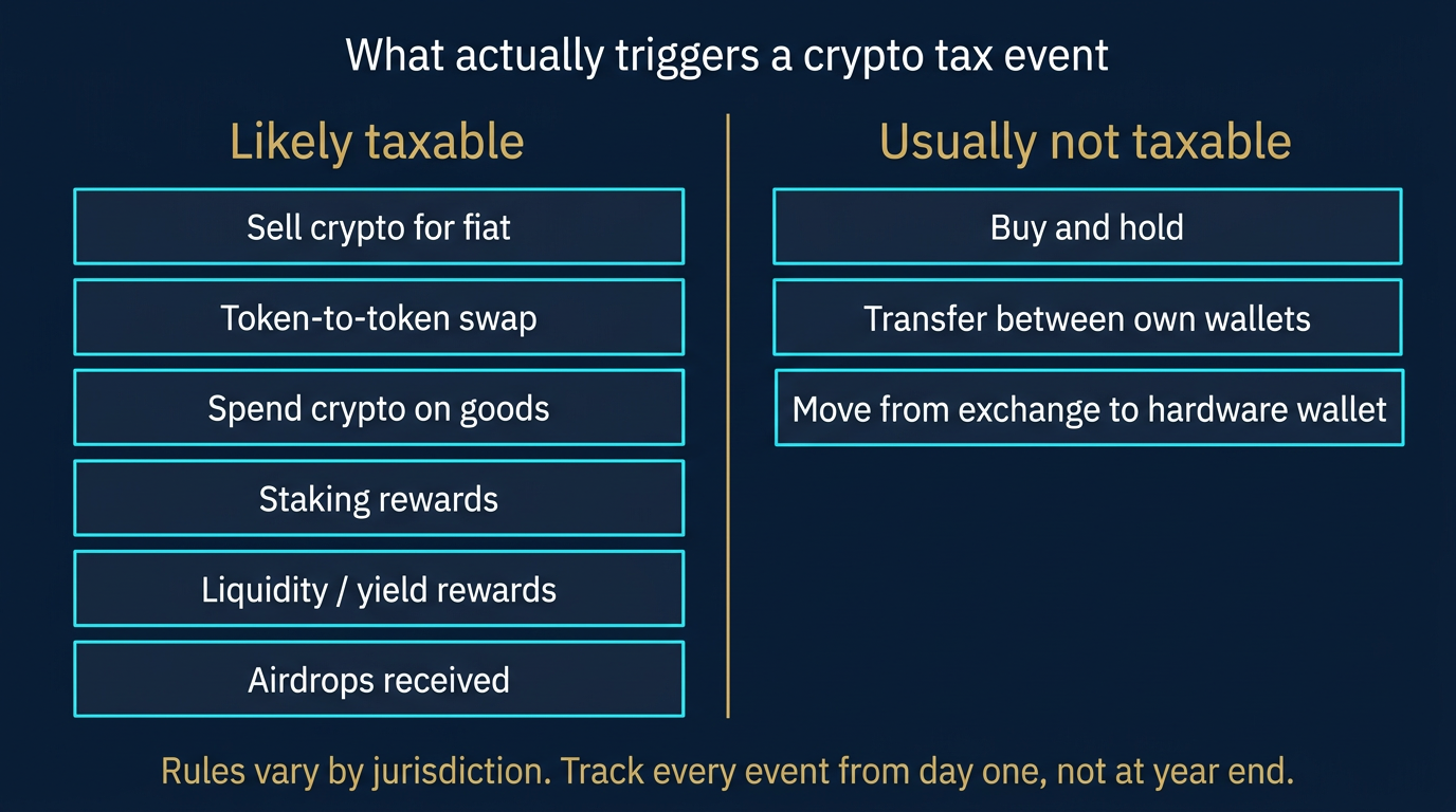 Two-column diagram sorting common crypto actions into likely taxable events such as selling for fiat token-to-token swaps spending crypto staking rewards liquidity rewards and airdrops versus usually non-taxable actions such as buying and holding or transferring between your own wallets
