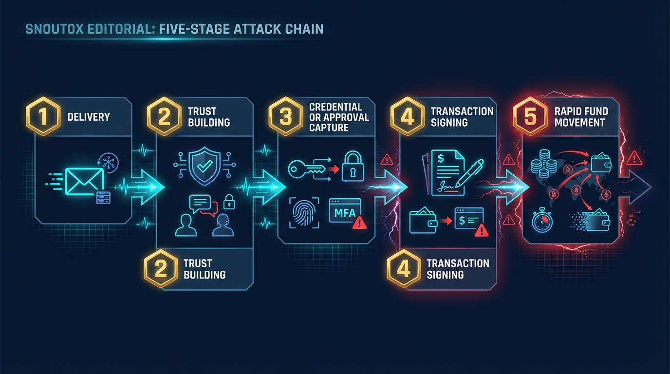 Crypto theft attack chain stages diagram showing the five stage crypto theft attack chain delivery trust building credential or approval capture transaction signing and rapid fund movement