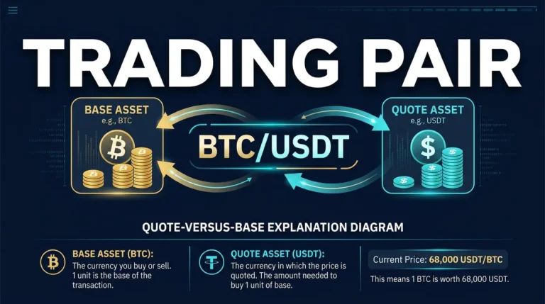 What Is a Crypto Trading Pair? BTC/USDT Explained 3 editorial trading diagram showing a BTC USDT pair with base asset and quote asset labels